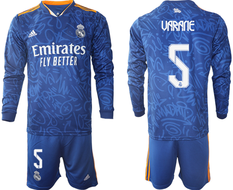 Men 2021-2022 Club Real Madrid away blue Long Sleeve #5 Soccer Jersey->real madrid jersey->Soccer Club Jersey